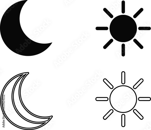 Sun and moon icon set, day night symbols collection, celestial weather icons, outline and solid vector illustration pack