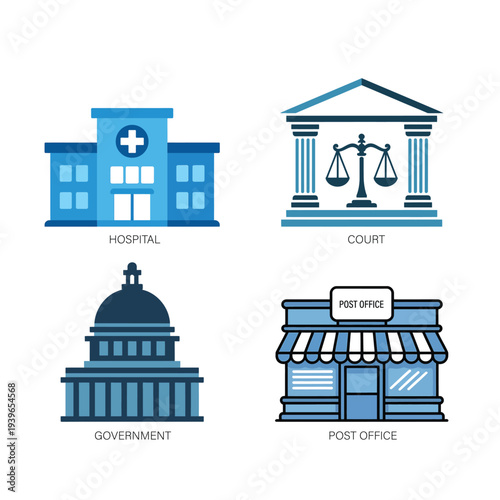 Government and public service building icons featuring hospital court post office vector set