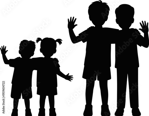 Children silhouettes standing together, friendship unity, kids waving, family bond illustration, childhood connection, group of friends, flat vector illustration