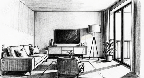 Modern Living Room Interior with Couch and TV.