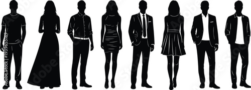 diverse people silhouettes, men women standing figures, casual and formal fashion clothing, human lineup illustration, isolated on white background
