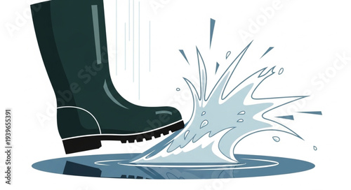 Black Rubber Boot Stepping into Water Splash.