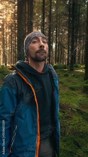 Man hiking in forest, adjusting headgear, exploring wilderness, feeling adventurous and free.