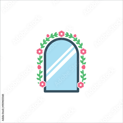 Arched mirror with floral frame vector illustration isolated on white background for home decor design