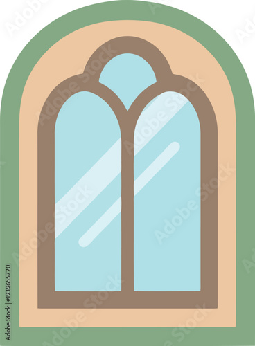 Arched stained glass window vector illustration with green frame and reflective glass for architectural design
