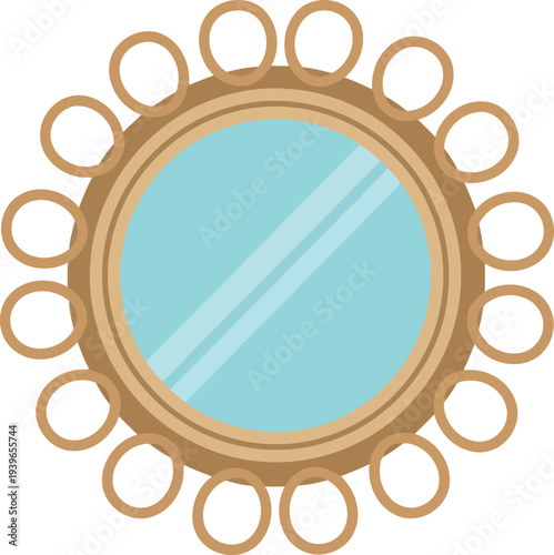 Boho Style Round Wall Mirror with Rattan Frame and Blue Glass Reflection Vector Illustration