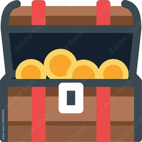 Cartoon Treasure Chest Filled with Gold Coins Isolated on White Background Vector Illustration