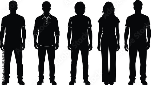 Collection of casual people silhouettes, standing men and women, group of human figures, fashion icons, cad drawing flat vector illustration,