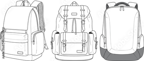 Backpack technical sketch set, travel rucksack template, school bag front and side view, cad drawing flat vector illustration, outdoor gear