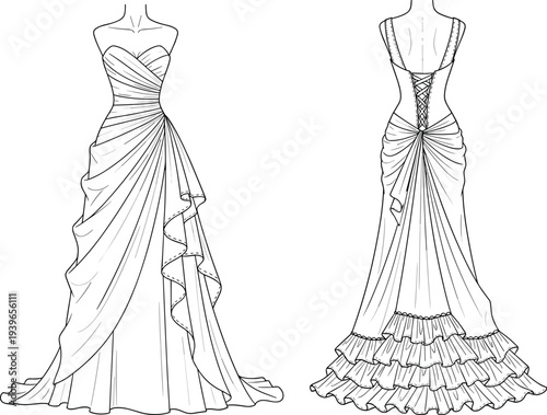 Elegant bridal wedding dress technical sketch, sweetheart neckline ruffled gown, corset back view, cad drawing flat vector illustration, fashion apparel