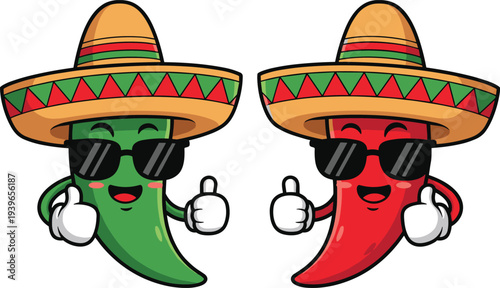 Green and red chili pepper cartoon characters wearing sombreros and sunglasses, mexican food mascots, cad drawing flat vector illustration,