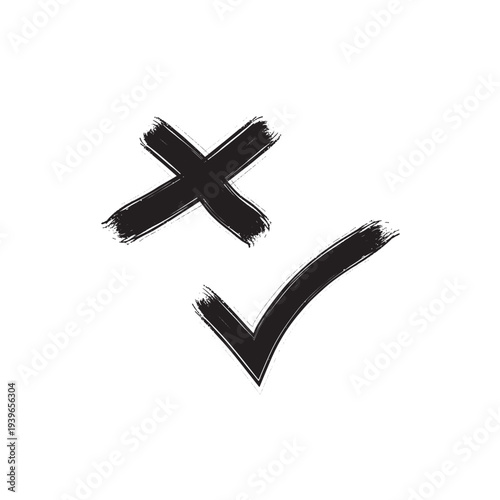 Black and white illustration featuring a cross and a check mark symbol