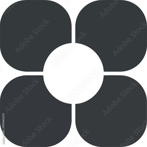 Minimalist black geometric flower icon with rounded petals on white background for modern branding