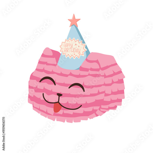 Cartoon cat piñata. Colorful paper kitten toy with birthday hat. Traditional candy surprise decoration for party, fiesta and carnival. Hand drawn vector illustration for sticker, print, web