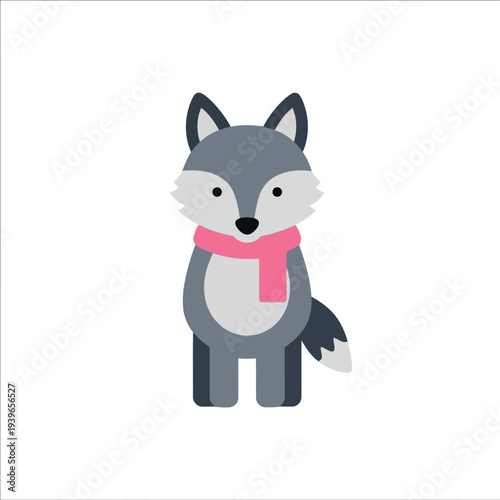 Cute cartoon wolf with pink scarf isolated on white background, winter animal illustration for kids