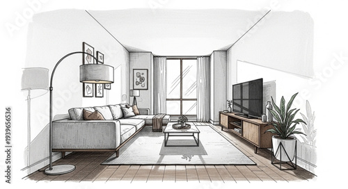 Modern Living Room Interior with Large Windows and Comfortable Furniture.