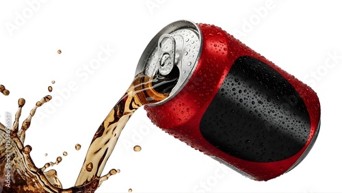 A red soda can pouring cola on transparent background