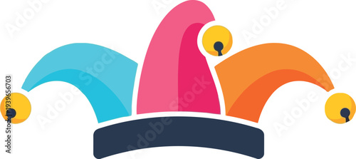 Colorful jester hat illustration with bells for carnival, party, and festive celebration designs