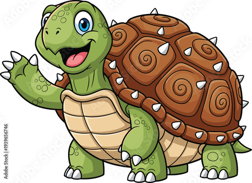 Cute Cartoon Tortoise Vector Illustration Featuring a Happy Green Turtle with a Patterned Brown Shell Isolated on a White Background