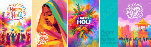 Happy Holi colorful vector poster set celebrating the Indian festival of colors. Vibrant paint splashes, joyful people, floral elements and festive illustrations symbolizing spring celebration