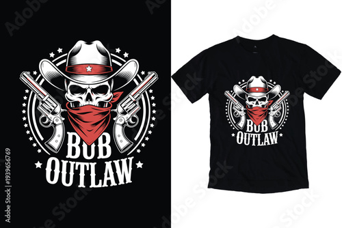 Skull cowboy outlaw with crossed revolvers wearing hat and bandana for t-shirt design vintage wild west biker motorcycle badge