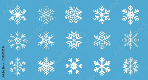 Collection of Various Snowflakes on Blue Background.