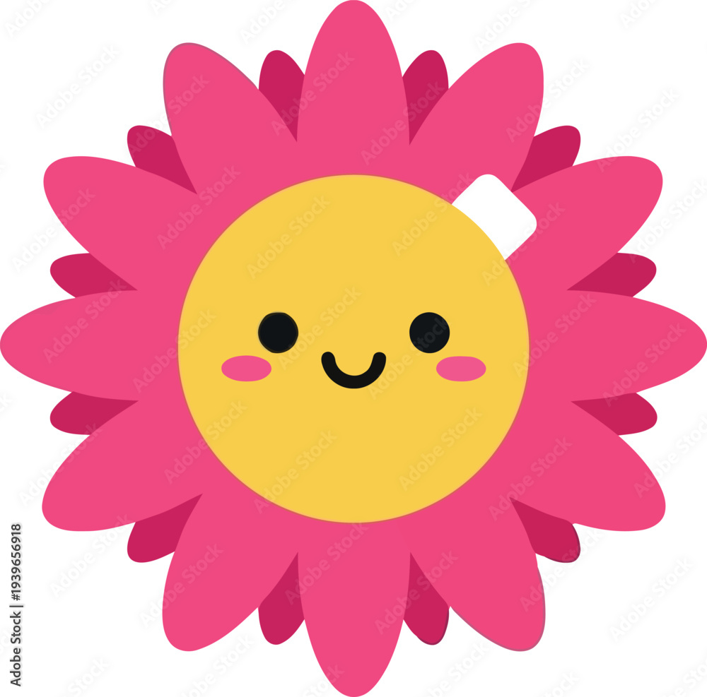 Obraz premium Cute Pink Cartoon Flower with Smiling Face Isolated on White Background Vector Illustration