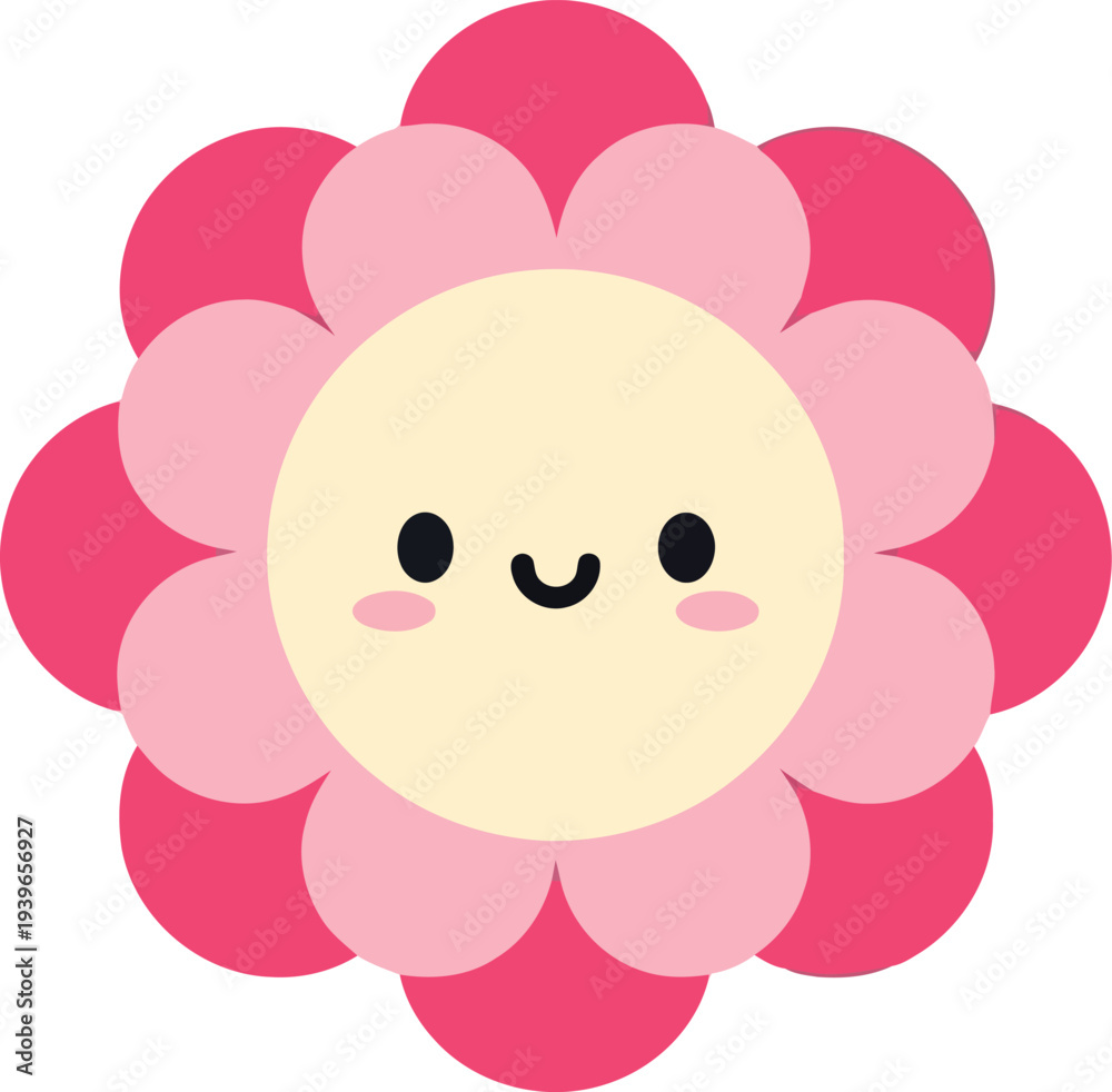 Fototapeta premium Cute Smiling Cartoon Flower Icon with Pink Petals and Happy Face for Kids Designs