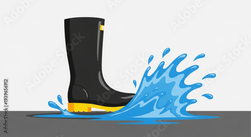 Black and Yellow Waterproof Rubber Boot Splashing Water.