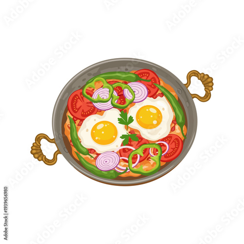 Menemen Traditional Turkish Scrambled Eggs with Vegetables Flat Vector Illustration.