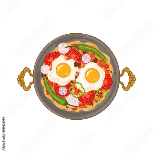 Menemen Traditional Turkish Scrambled Eggs with Vegetables Flat Vector Illustration.