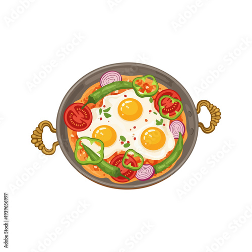 Menemen Traditional Turkish Scrambled Eggs with Vegetables Flat Vector Illustration.