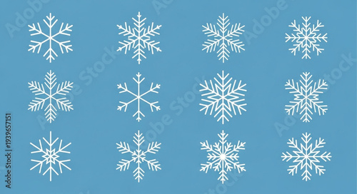 Collection of Various Snowflakes on Blue Background.