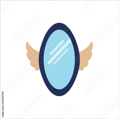 Minimalist flying mirror icon with wings, flat vector illustration on white background
