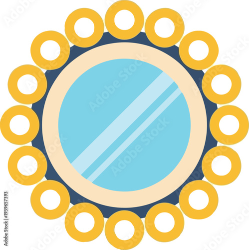 Round vanity mirror with golden frame and decorative circular accents in flat vector style