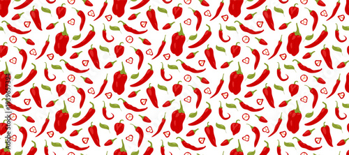 Red hot chili pepper mix seamless pattern with slices and leaves on white, spicy food vector