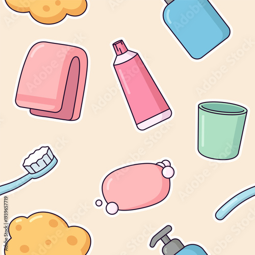 Bathroom accessories seamless pattern, background, simple cartoon style kids illustrations