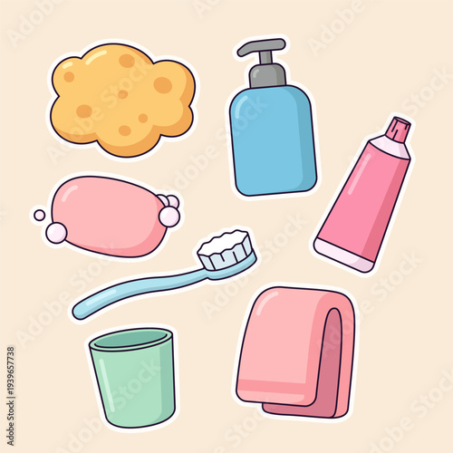 Set of bathroom accessories, simple cartoon style kids illustrations