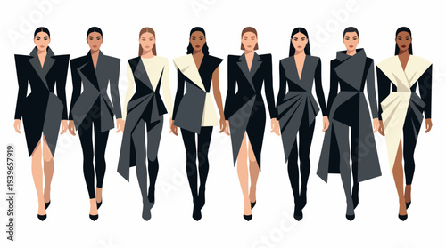 Fashion models showcasing stylish outfits in a sleek, modern illustration with diverse women walking in unison, highlighting elegance and sophistication.