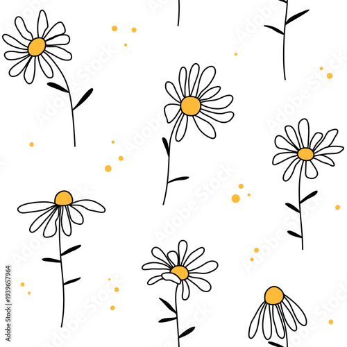 Chamomile flowers seamless pattern, background. Simple minimalist doodle drawings, cute cartoon style illustration