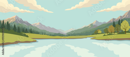 mountain landscape with lake and mountains