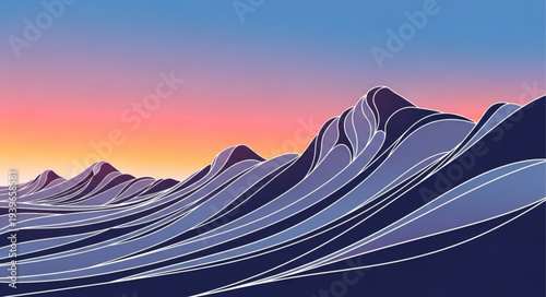 Stylized Mountain Range Illustration with Vibrant Sunset Colors.