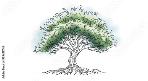 Detailed Illustration of a Mature Tree with Extensive Branches and Lush Green Foliage.