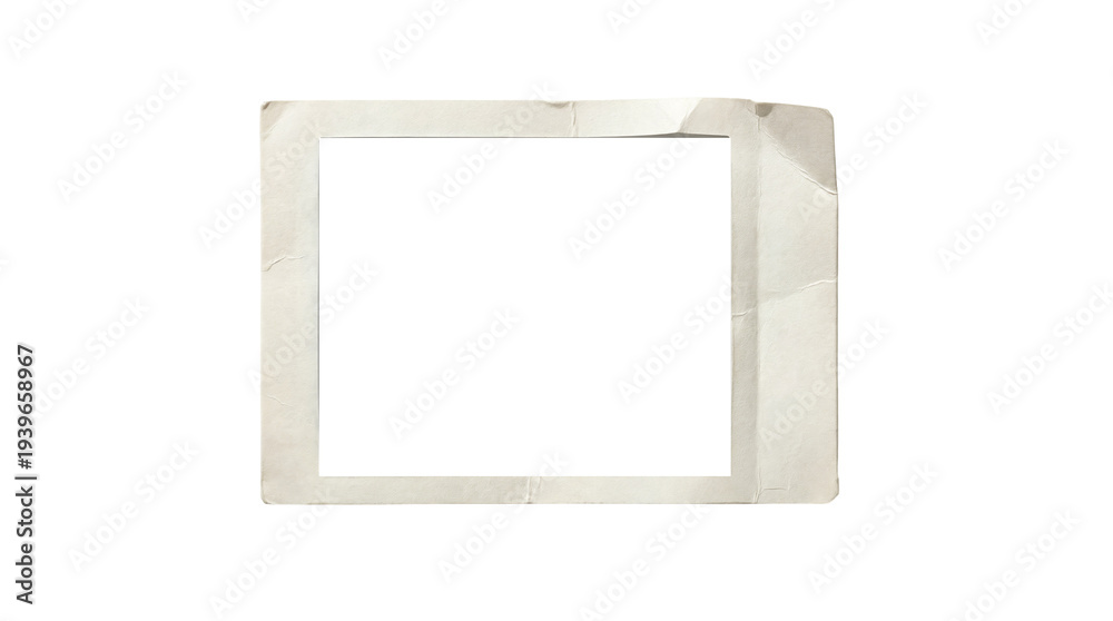 Fototapeta premium Blank white paper frame with taped corners on light background, minimal mockup border for photo, note, message, poster, or presentation template
