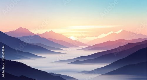 Serene Mountain Landscape with Mist and Sunrise.