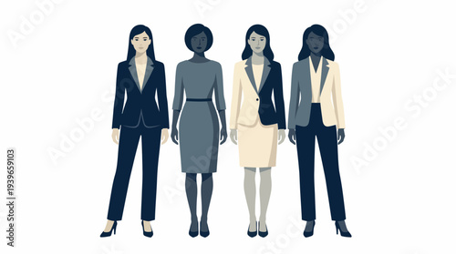 Four women in various styles of professional attire and women fashion standing in a row