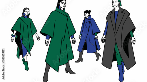 Four women wearing long coats in different colors walking in the same direction