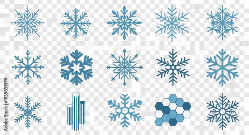 Collection of Various Blue Snowflakes and Winter Elements.