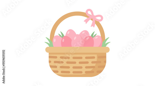 A charming illustration of a woven basket brimming with pastel pink easter eggs and fresh green grass, adorned with a delicate pink bow