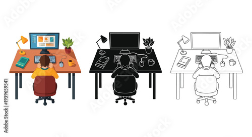 Vector illustration graphic of a person working diligently at a computer desk with various office items.